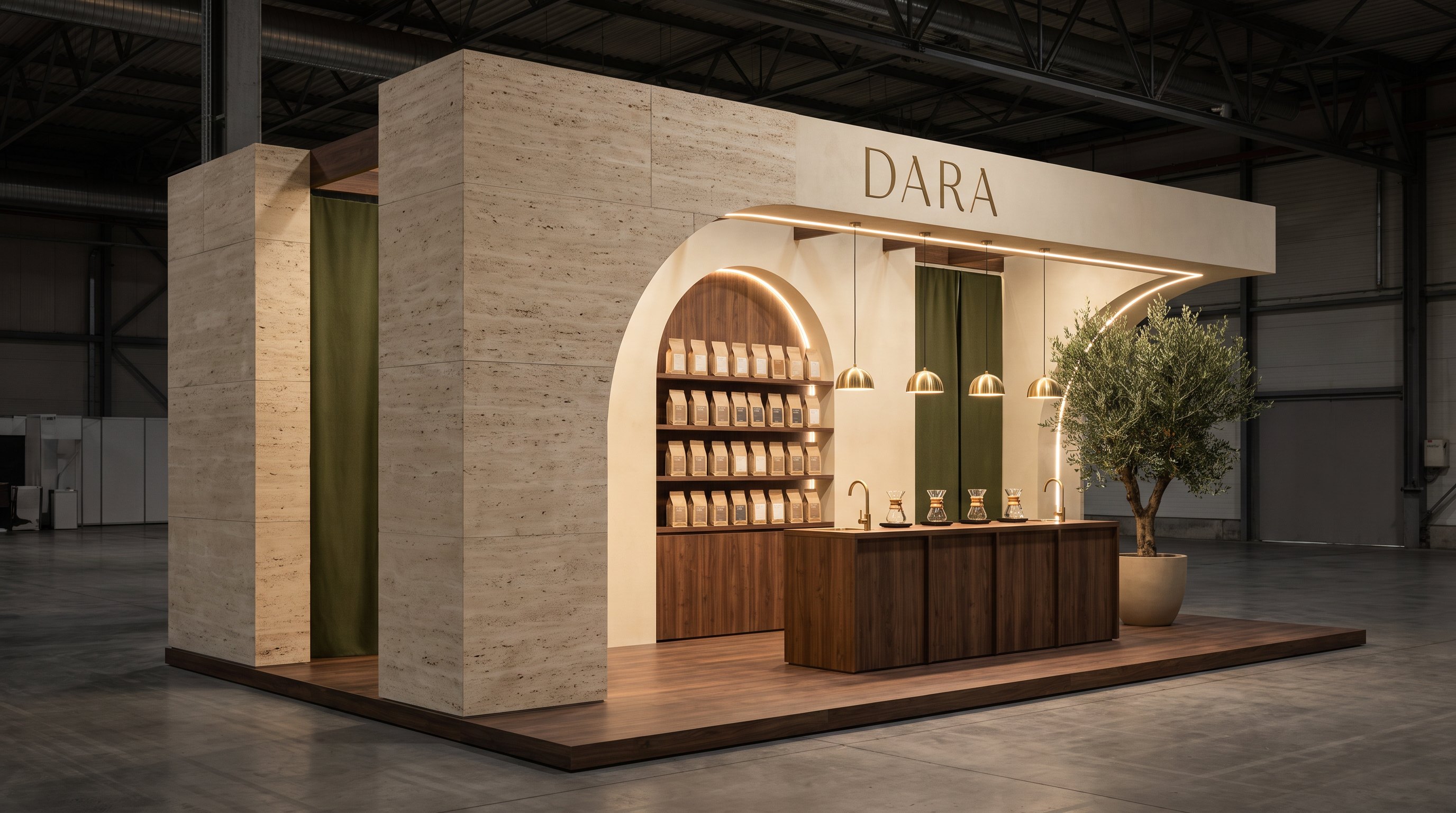 DARA roastery stand in travertine with an arched opening and walnut counter