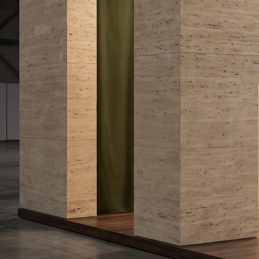 Walnut tasting counter against a deep olive fabric wall