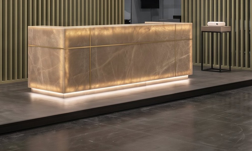 Backlit onyx-effect reception counter with brass trim