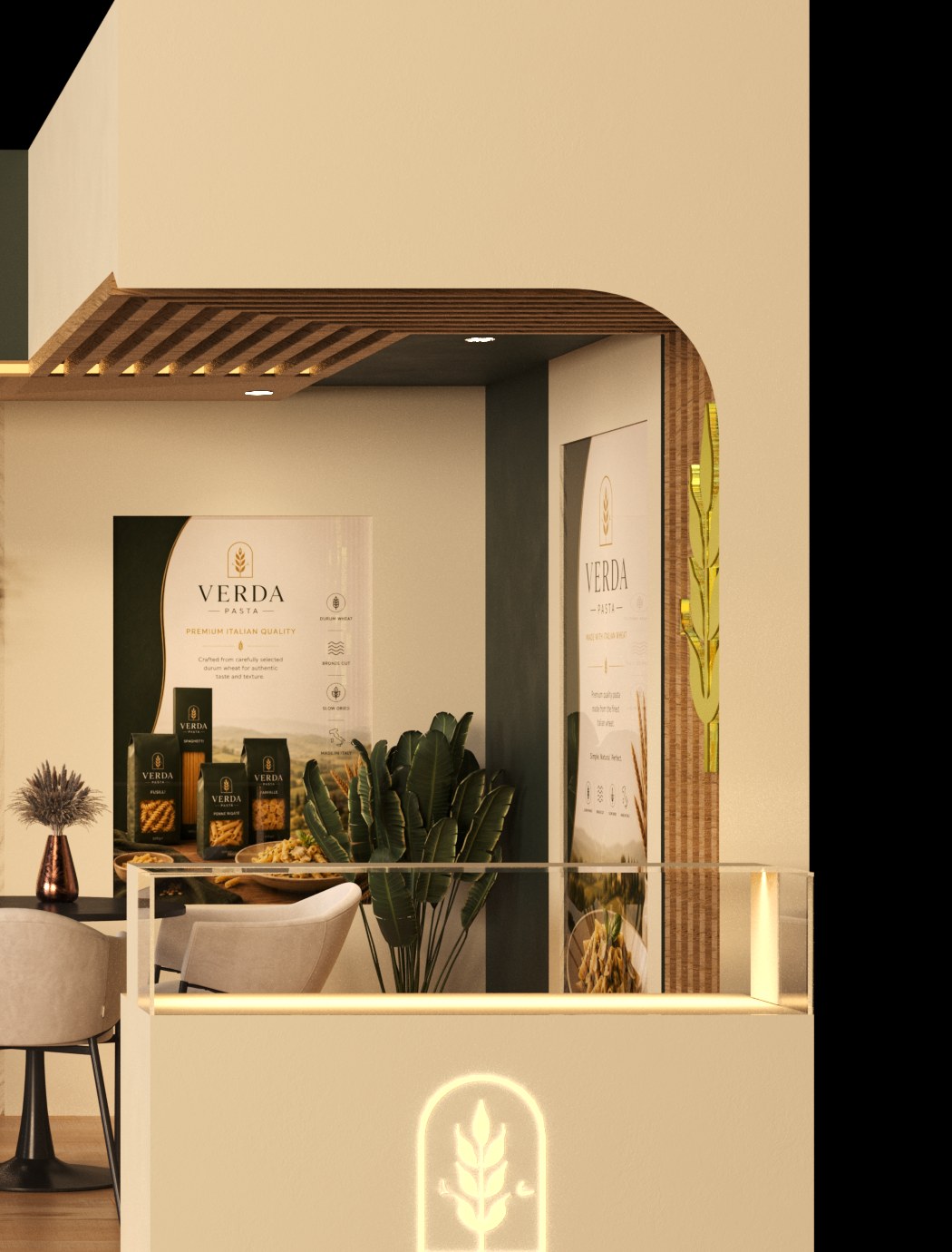 Tasting area with arched portal and layered warm lighting