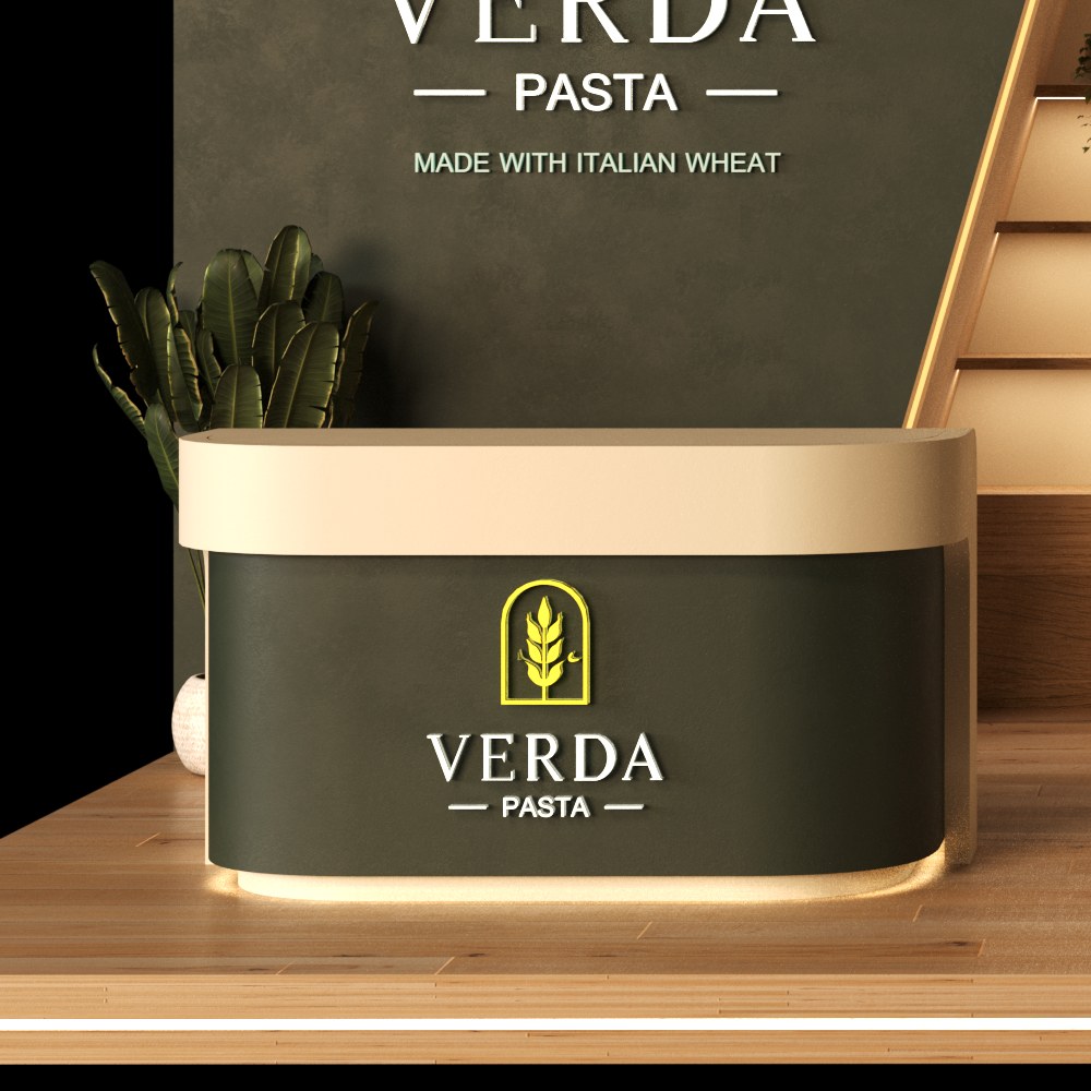Curved reception counter in olive green with backlit VERDA lettering