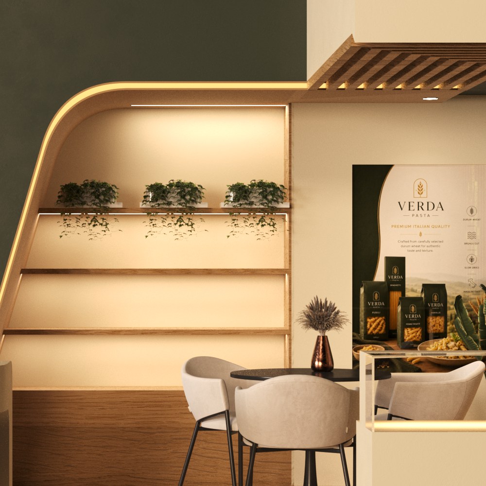 Product shelving wall wrapped by a sweeping timber curve